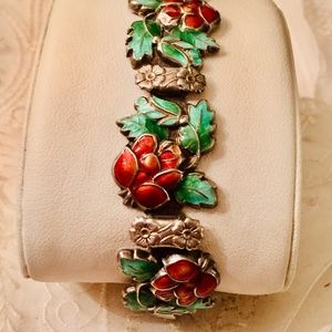 Floral Rose Bracelet Sterling Silver Red Green Enamel Antique Vintage Flowers